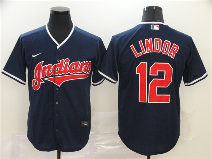 2020 Cleveland Indians #12 Francisco Lindor Navy Blue Stitched MLB Cool Base Nike Jersey - Click Image to Close