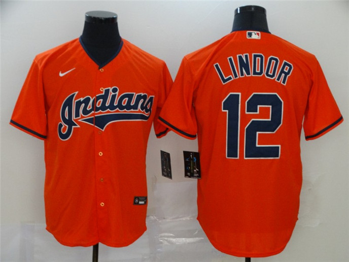 2020 Cleveland Indians #12 Francisco Lindor Orange Stitched MLB Cool Base Nike Jersey