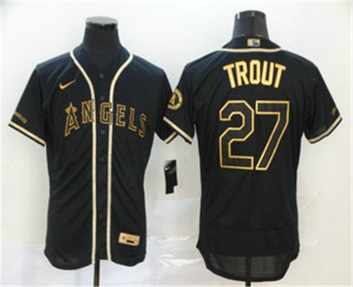 2020 Los Angeles Angels #27 Mike Trout Black With Gold Stitched MLB Flex Base Nike Jersey