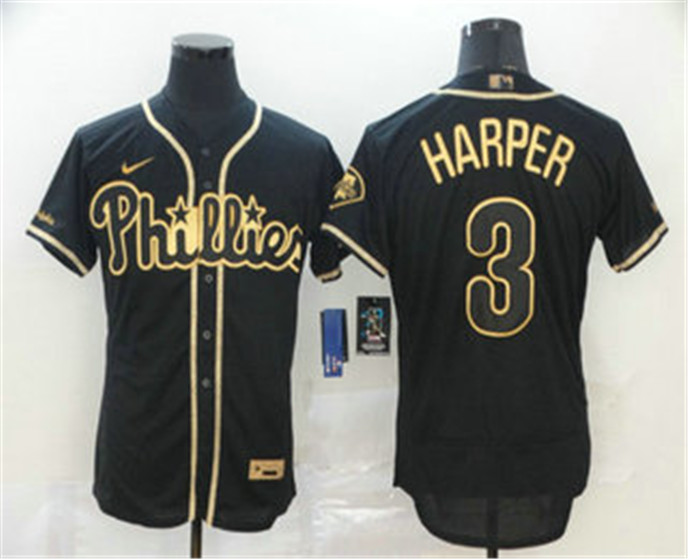 2020 Philadelphia Phillies #3 Bryce Harper Black Golden Stitched MLB Flex Base Nike Jersey - Click Image to Close