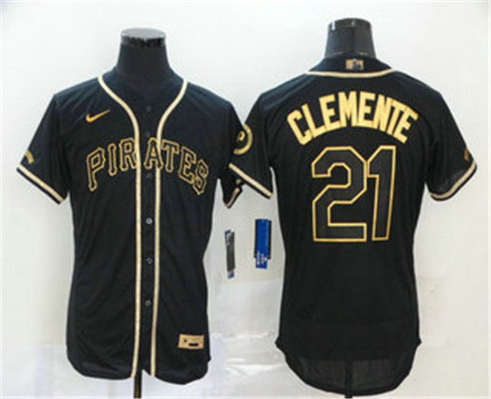 2020 Pittsburgh Pirates #21 Roberto Clemente Black With Gold Stitched MLB Flex Base Nike Jersey - Click Image to Close