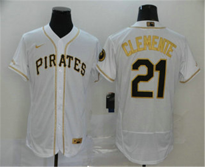 2020 Pittsburgh Pirates #21 Roberto Clemente White With Gold Stitched MLB Flex Base Nike Jersey - Click Image to Close