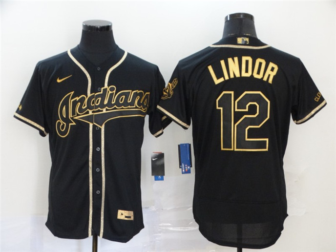 2020 Cleveland Indians #12 Francisco Lindor Black With Gold Stitched MLB Flex Base Nike Jersey - Click Image to Close