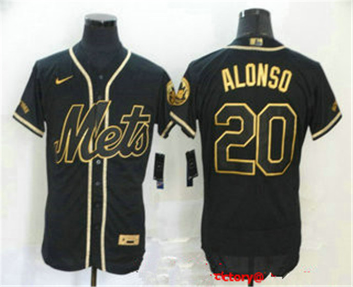 2020 New York Mets #20 Pete Alonso Black With Gold Stitched MLB Flex Base Nike Jersey