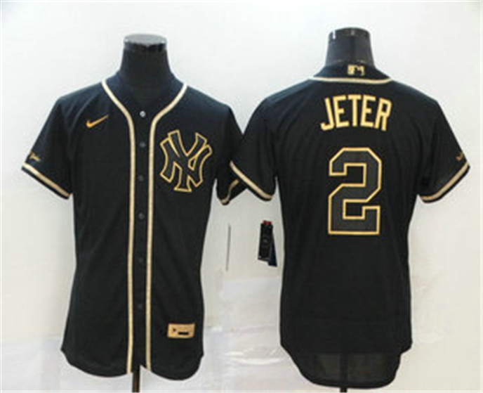 2020 New York Yankees #2 Derek Jeter Black Golden Stitched MLB Flex Base Nike Jersey - Click Image to Close