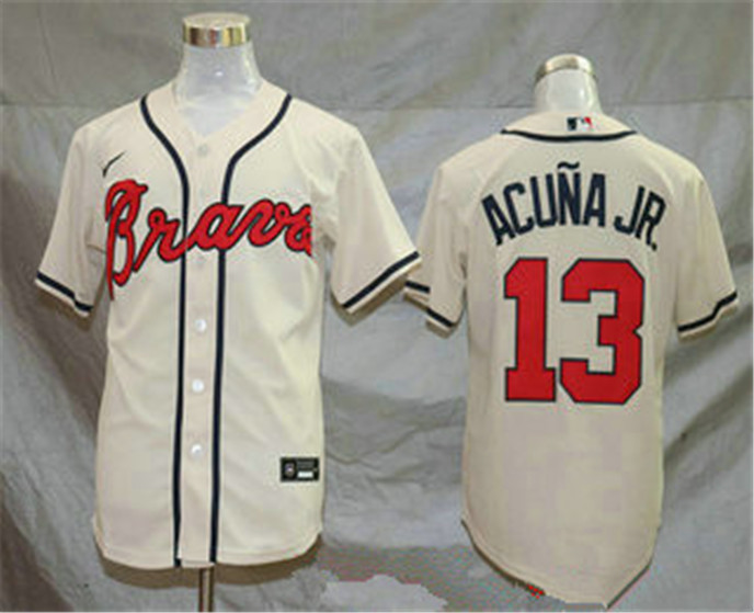 2020 Atlanta Braves #13 Ronald Acuna Jr. Cream Stitched MLB Cool Base Nike Jersey - Click Image to Close