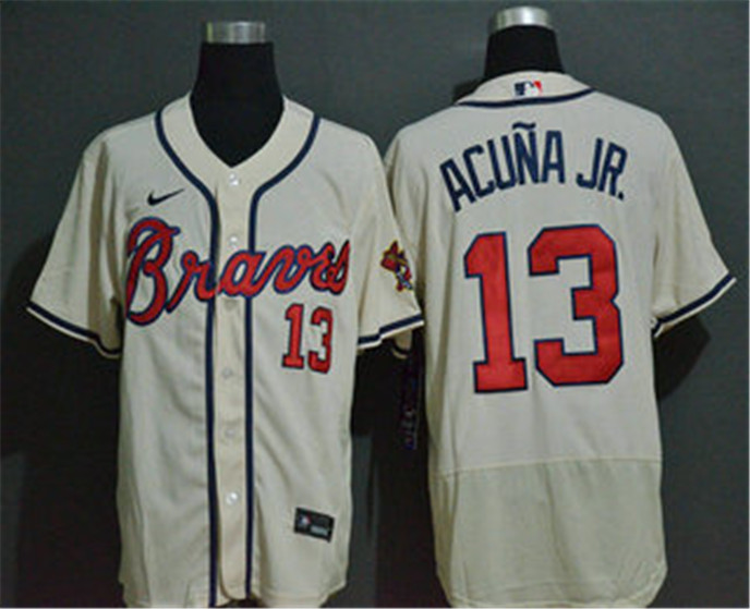 2020 Atlanta Braves #13 Ronald Acuna Jr. Cream Stitched MLB Flex Base Nike Jersey - Click Image to Close