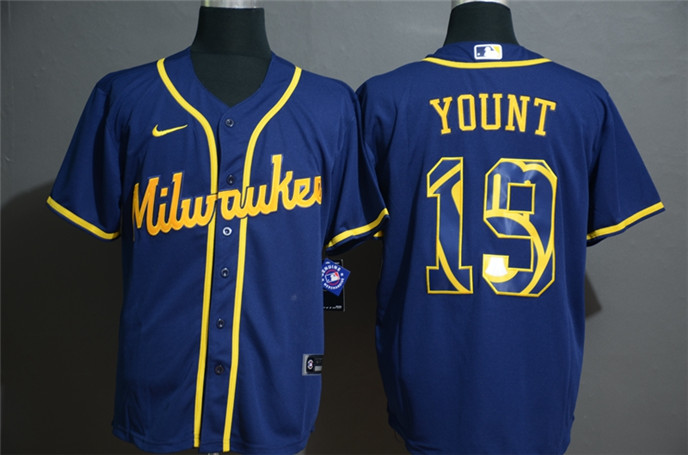 2020 Milwaukee Brewers #19 Robin Yount Blue White Team Logo Stitched MLB Cool Base Nike Jersey