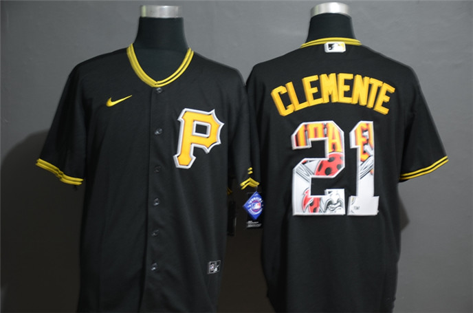 2020 Pittsburgh Pirates #21 Roberto Clemente Black Team Logo Stitched MLB Cool Base Nike Jersey - Click Image to Close