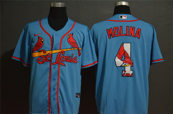 2020 St. Louis Cardinals #4 Yadier Molina Light Blue Team Logo Stitched MLB Cool Base Nike Jersey