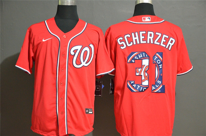 2020 Washington Nationals #31 Max Scherzer Red Team Logo Stitched MLB Cool Base Nike Jersey