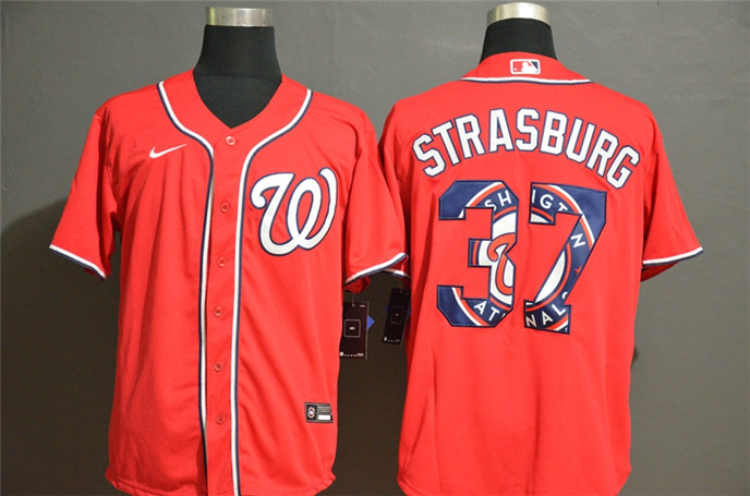 2020 Washington Nationals #37 Stephen Strasburg Red Team Logo Stitched MLB Cool Base Nike Jersey