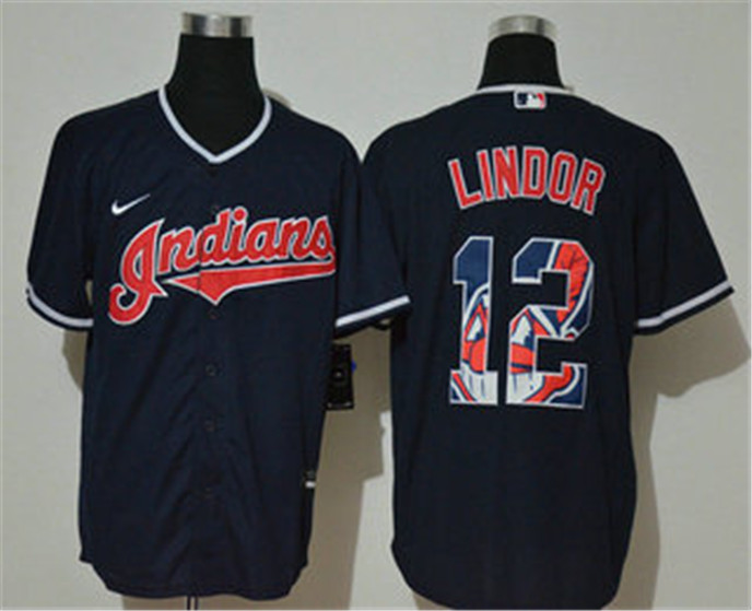 2020 Cleveland Indians #12 Francisco Lindor Navy Blue Team Logo Stitched MLB Cool Base Nike Jersey