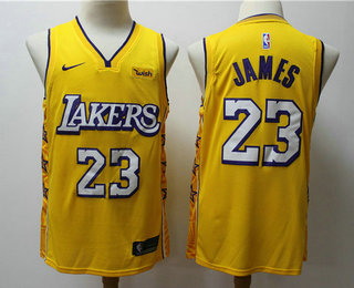 2020 Men's Los Angeles Lakers #23 LeBron James Yellow Nike City Edition Swingman Jersey With The Spo