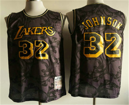 2020 Men's Los Angeles Lakers #32 Magic Johnson 1984-85 Purple With Yellow Hardwood Classics Soul Sw - Click Image to Close