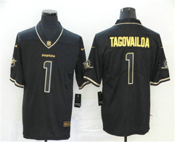 2020 Miami Dolphins #1 Tua Tagovailoa Black 100th Season Golden Edition Jersey