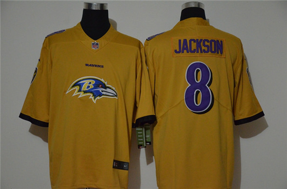 2020 Baltimore Ravens #8 Lamar Jackson Gold Big Logo Vapor Untouchable Stitched NFL Nike Fashion Lim - Click Image to Close