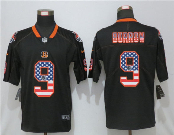 2020 Cincinnati Bengals #9 Joe Burrow USA Flag Fashion Black Color Rush Stitched Nike Limited Jersey