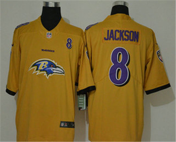 2020 Baltimore Ravens #8 Lamar Jackson Gold Big Logo Number Vapor Untouchable Stitched NFL Nike Fash - Click Image to Close
