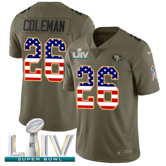 2020 Nike 49ers #26 Tevin Coleman Olive/USA Flag Super Bowl LIV Men's Stitched NFL Limited 2017 Salu