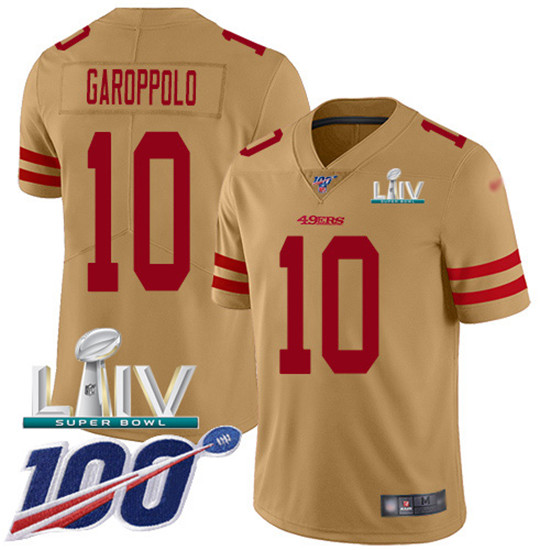 2020 Nike 49ers #10 Jimmy Garoppolo Gold Super Bowl LIV Men's Stitched NFL Limited Inverted Legend 1