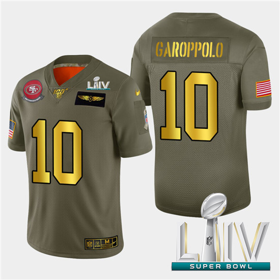 2020 Nike 49ers #10 Jimmy Garoppolo Men's Olive Gold Super Bowl LIV 2019 Salute to Service NFL 100 L