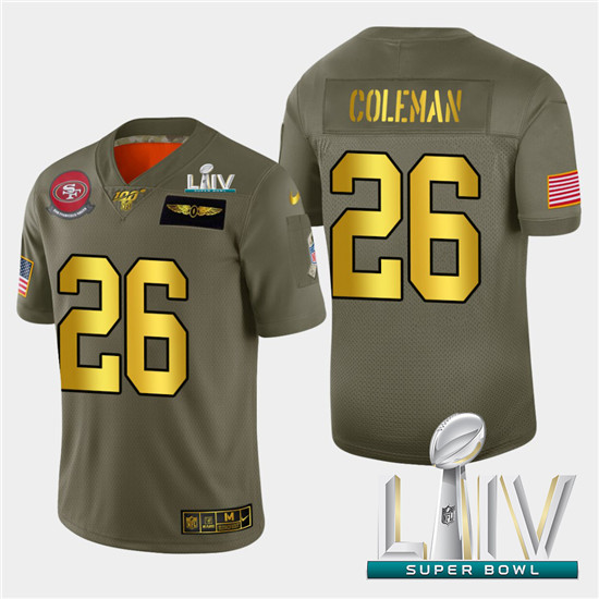 2020 Nike 49ers #26 Tevin Coleman Men's Olive Gold Super Bowl LIV 2019 Salute to Service NFL 100 Lim