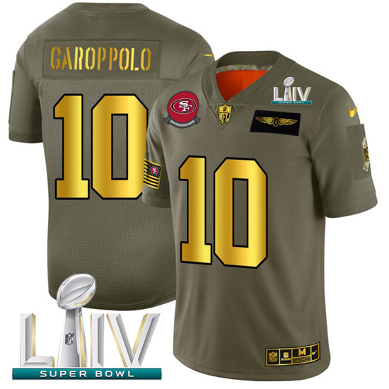 2020 San Francisco 49ers #10 Jimmy Garoppolo NFL Men's Nike Olive Gold Super Bowl LIV 2019 Salute to