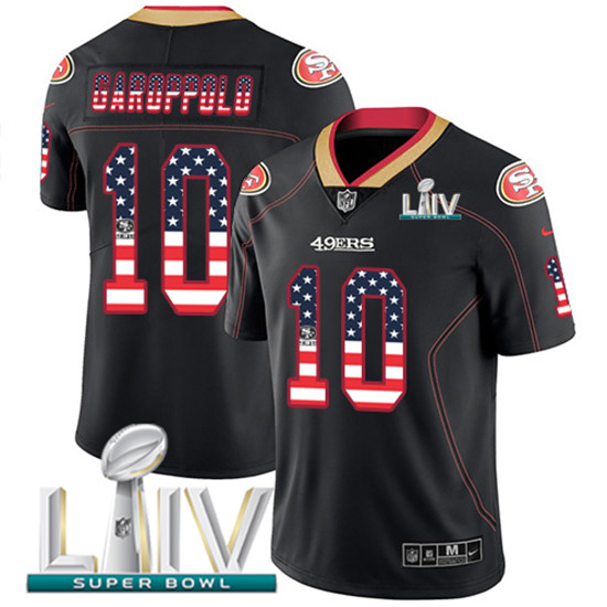 2020 Nike 49ers #10 Jimmy Garoppolo Black Super Bowl LIV Men's Stitched NFL Limited Rush USA Flag Je - Click Image to Close