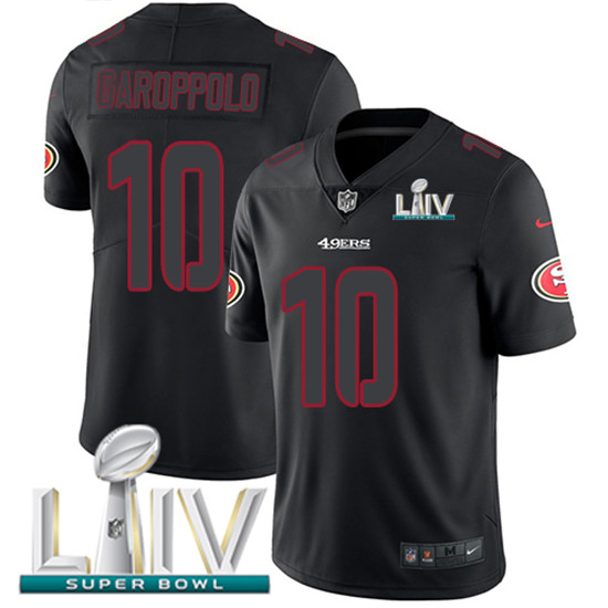 2020 Nike 49ers #10 Jimmy Garoppolo Black Super Bowl LIV Men's Stitched NFL Limited Rush Impact Jers - Click Image to Close