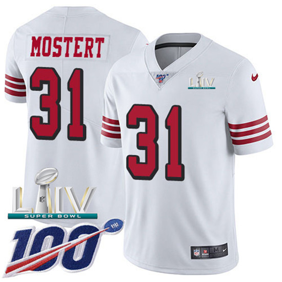 2020 Nike 49ers #31 Raheem Mostert White Super Bowl LIV Men's Stitched NFL Limited Rush 100th Season