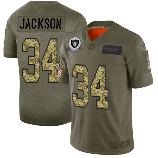 2020 Raiders #34 Bo Jackson Men's Nike 2019 Olive Camo Salute To Service Limited NFL Jersey - Click Image to Close