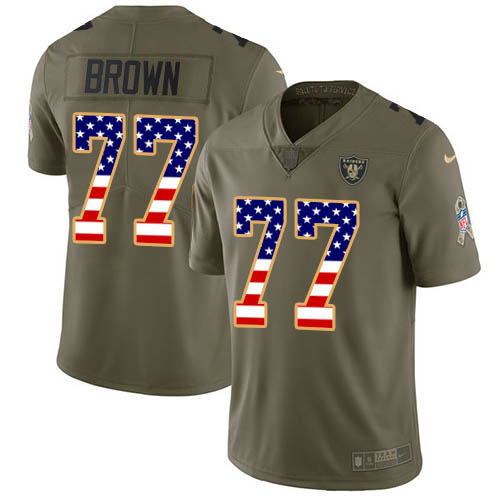 2020 Nike Raiders #77 Trent Brown Olive/USA Flag Men's Stitched NFL Limited 2017 Salute To Service J