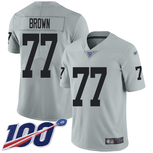 2020 Nike Raiders #77 Trent Brown Silver Men's Stitched NFL Limited Inverted Legend 100th Season Jer