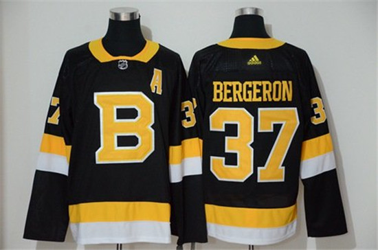 2020 Men's Boston Bruins #37 Patrice Bergeron Black Throwback Authentic Stitched Hockey Jersey - Click Image to Close