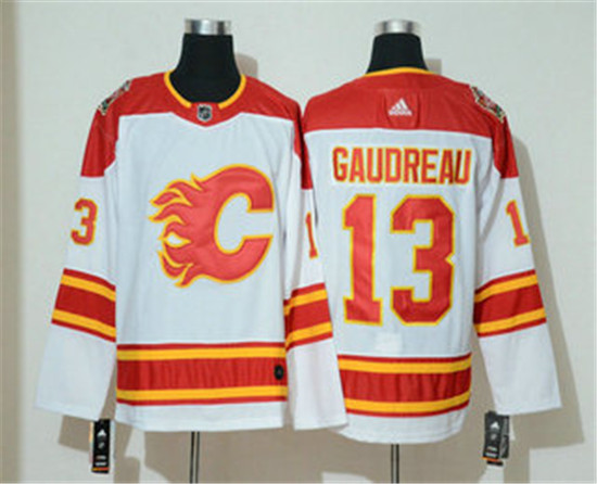 2020 Men's Calgary Flames #13 Johnny Gaudreau White 2019 Heritage Classic Adidas Stitched NHL Jersey - Click Image to Close