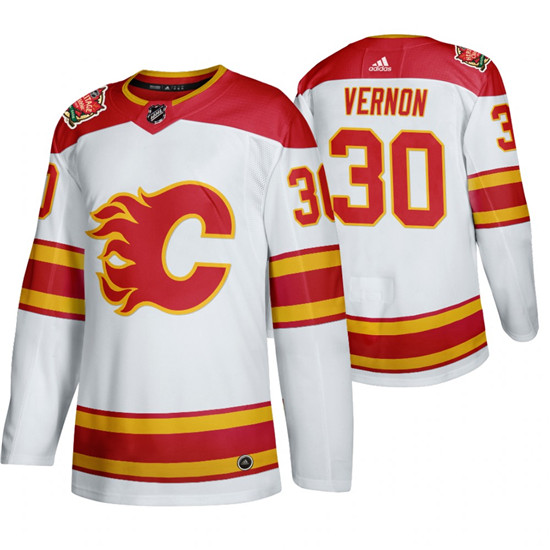 2020 Men's Calgary Flames #30 Mike Vernon 2019 Heritage Classic Authentic Retired White Jersey