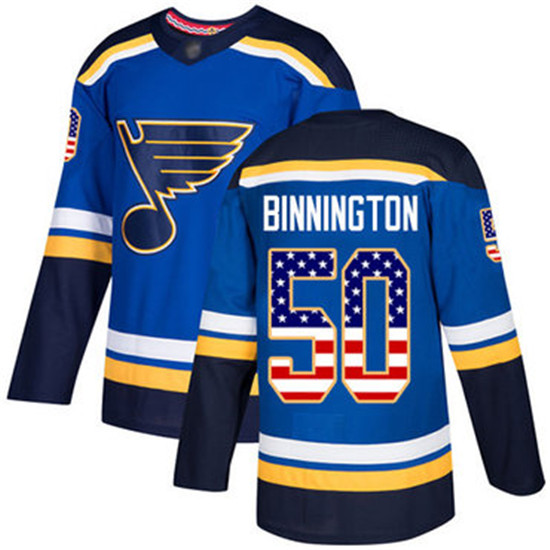 2020 Blues #50 Jordan Binnington Blue Home Authentic USA Flag Stitched Hockey Jersey