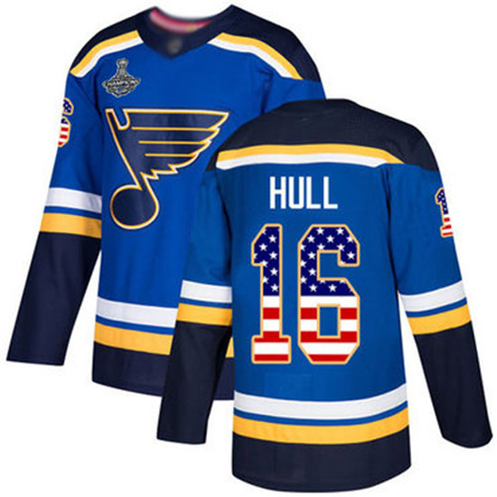 2020 Blues #16 Brett Hull Blue Home Authentic USA Flag Stanley Cup Champions Stitched Hockey Jersey