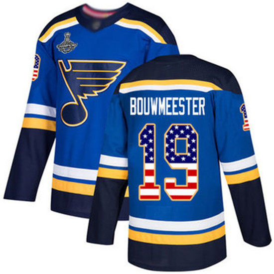2020 Blues #19 Jay Bouwmeester Blue Home Authentic USA Flag Stanley Cup Champions Stitched Hockey Je