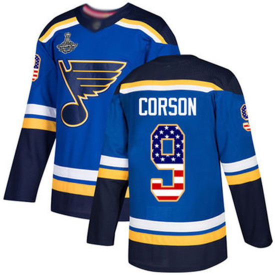 2020 Blues #9 Shayne Corson Blue Home Authentic USA Flag Stanley Cup Champions Stitched Hockey Jerse
