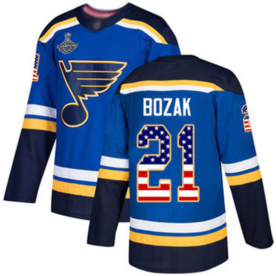 2020 Blues #21 Tyler Bozak Blue Home Authentic USA Flag Stanley Cup Champions Stitched Hockey Jersey