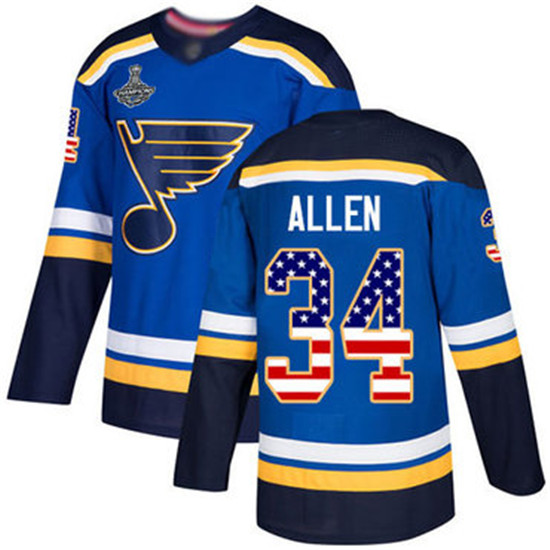 2020 Blues #34 Jake Allen Blue Home Authentic USA Flag Stanley Cup Champions Stitched Hockey Jersey