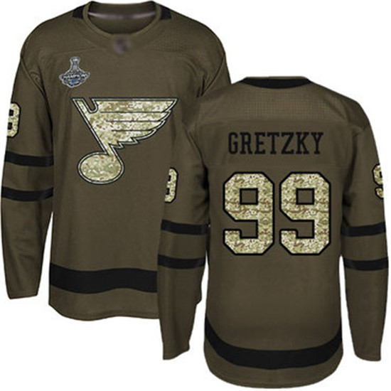2020 Blues #99 Wayne Gretzky Green Salute to Service Stanley Cup Champions Stitched Hockey Jersey