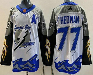 Men's Tampa Bay Lightning #77 Victor Hedman White 2022 Reverse Retro Authentic Jersey - Click Image to Close