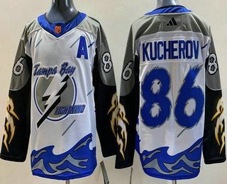 Men's Tampa Bay Lightning #86 Nikita Kucherov White 2022 Reverse Retro Authentic Jersey - Click Image to Close