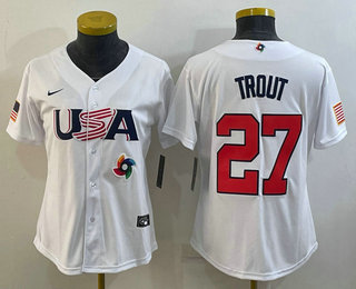 Women's USA Baseball #27 Mike Trout 2023 White World Classic Replica Stitched Jersey