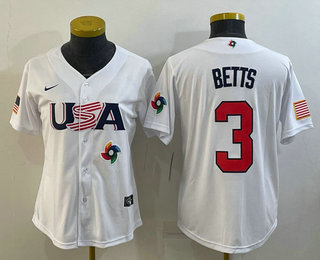 Women's USA Baseball #3 Mookie Betts 2023 White World Classic Replica Stitched Jerseys - Click Image to Close