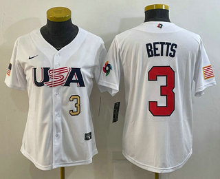 Women's USA Baseball #3 Mookie Betts Number 2023 White World Classic Replica Stitched Jersey - Click Image to Close