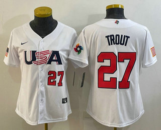 Womens USA Baseball #27 Mike Trout Number 2023 White World Classic Replica Stitched Jersey - Click Image to Close